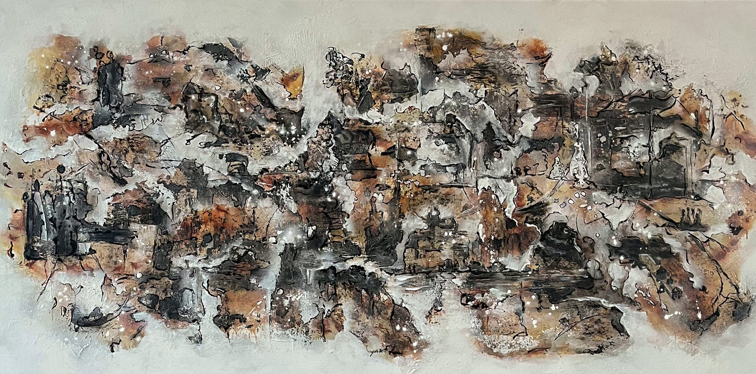Abstrakt maleri med motiver. farve sienna, sort og hvid. 140 x 70 cm.